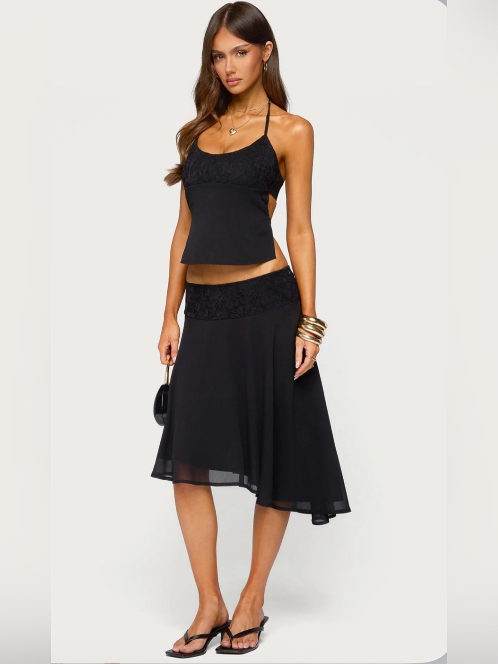 Black Asymmetric Midi Skirt Set